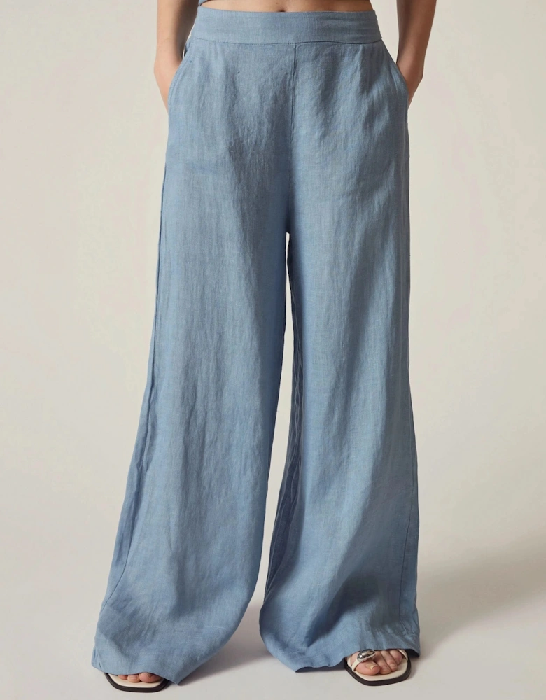 Denim Blue Linen Wide-Leg Trousers
