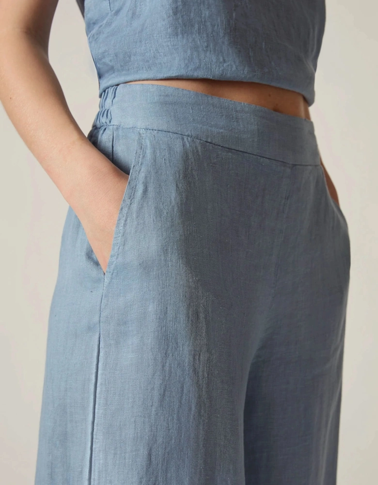 Denim Blue Linen Wide-Leg Trousers