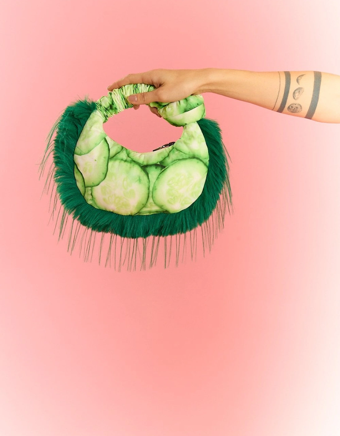 Bamboo Faux Fur Trim Cucumber Bag