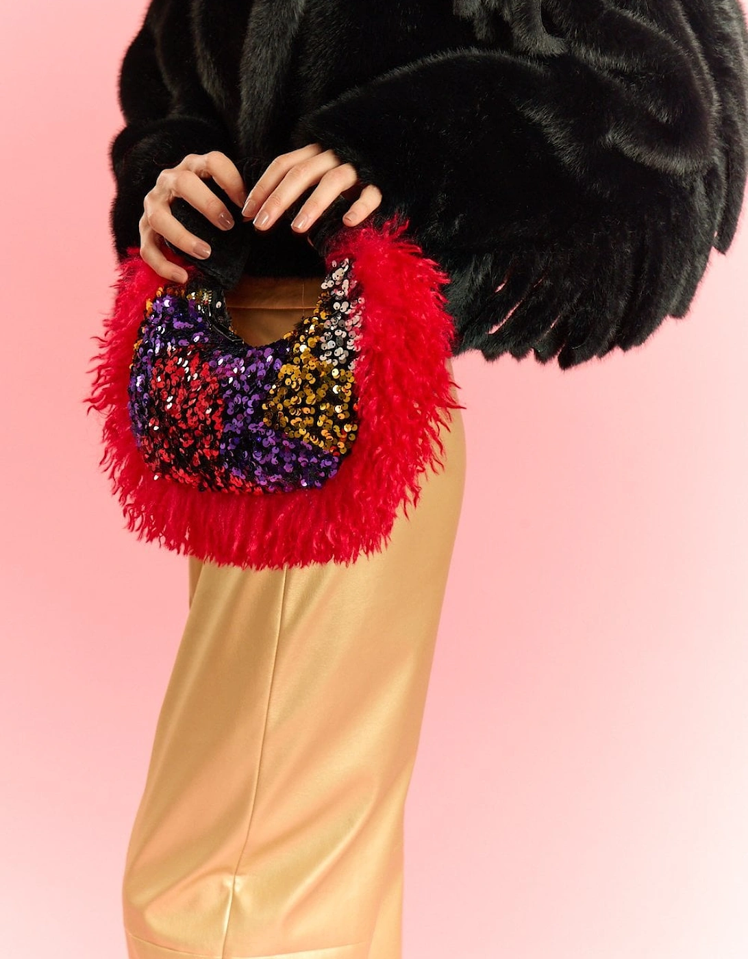 Red Bamboo Faux Fur Trim Sequin Tote Bag