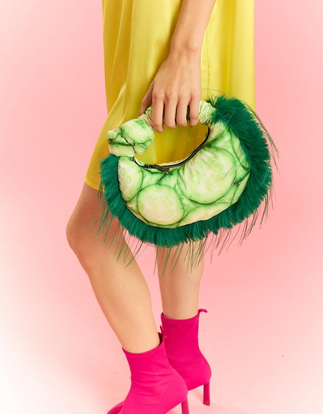 Bamboo Faux Fur Trim Cucumber Bag