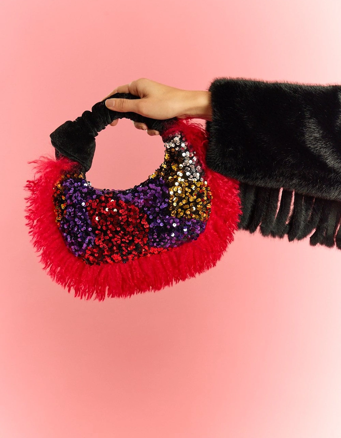 Red Bamboo Faux Fur Trim Sequin Tote Bag