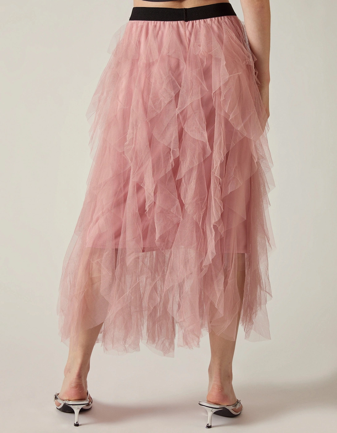 Pink Tulle Ruffle Midi Skirt