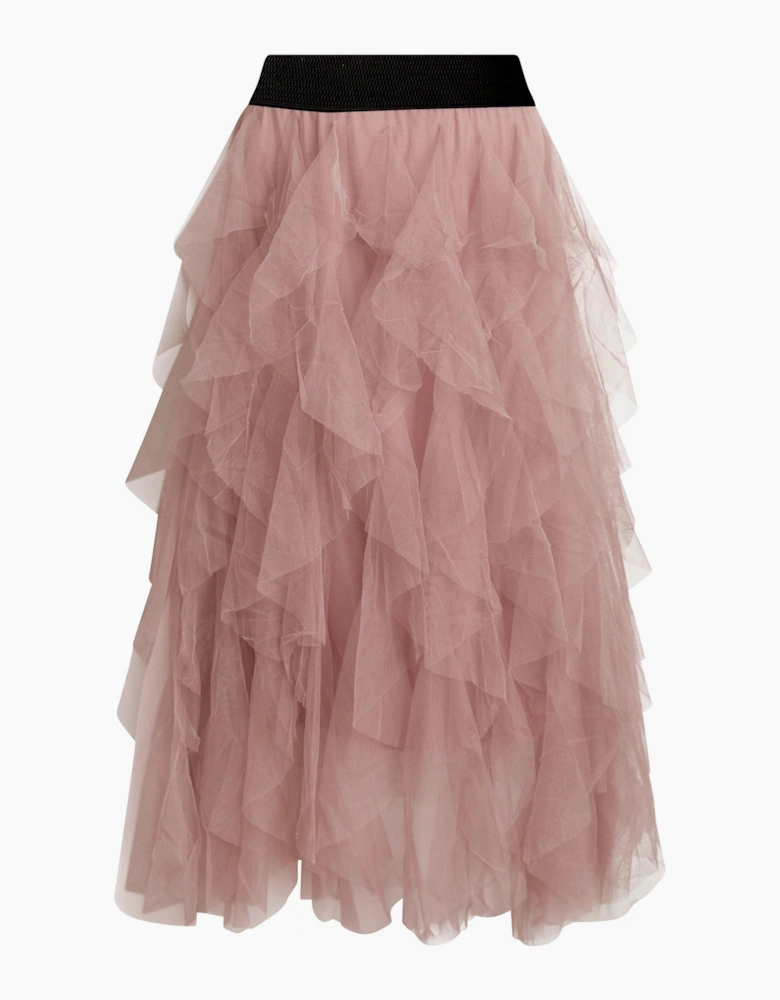 Pink Tulle Ruffle Midi Skirt
