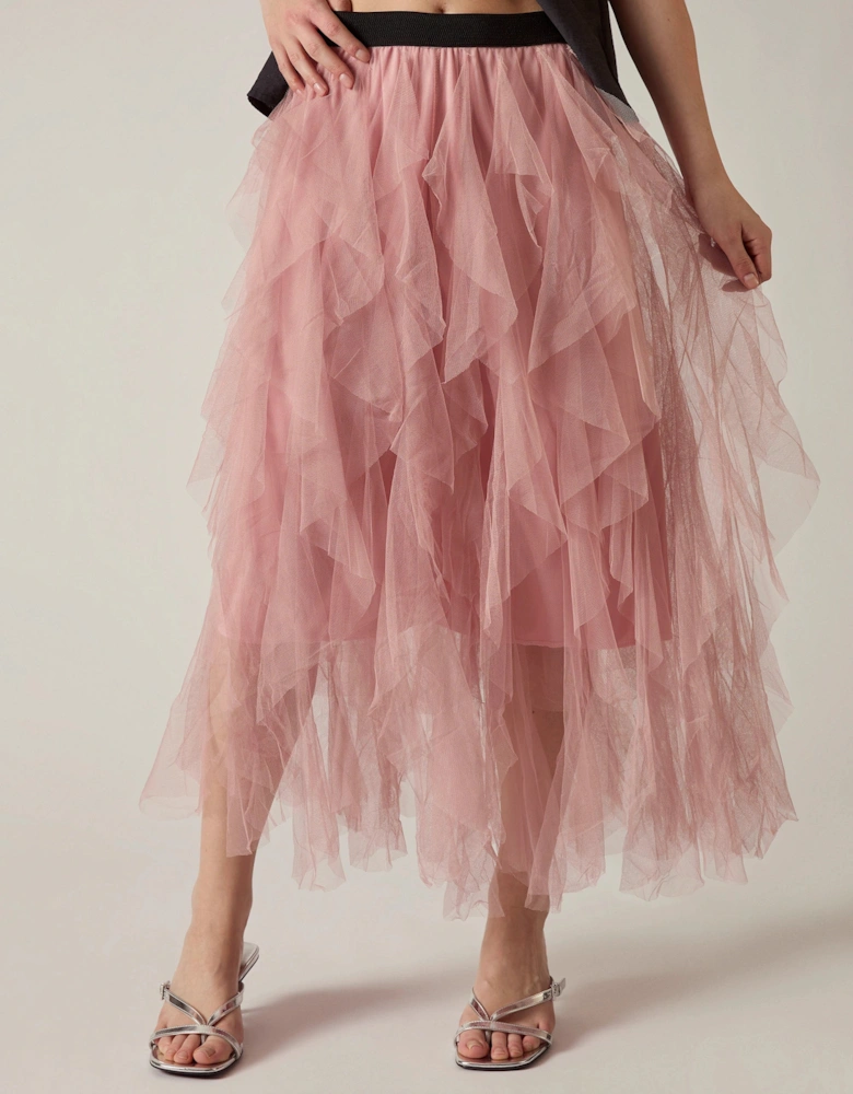 Pink Tulle Ruffle Midi Skirt