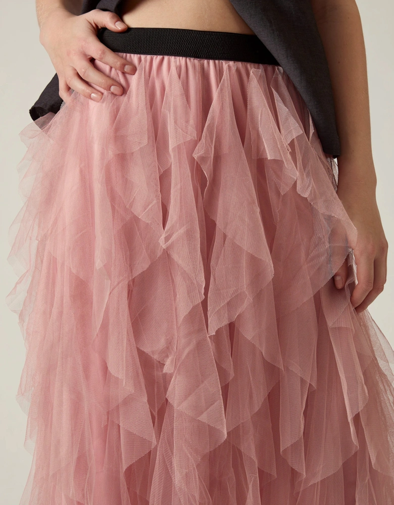 Pink Tulle Ruffle Midi Skirt