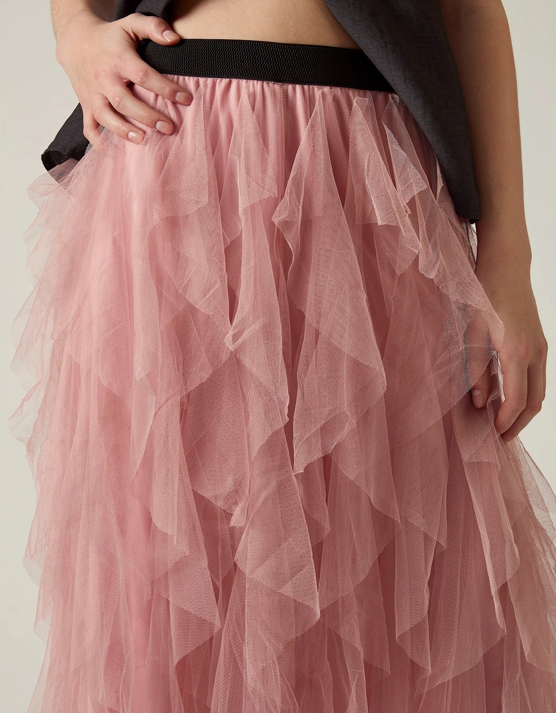 Pink Tulle Ruffle Midi Skirt