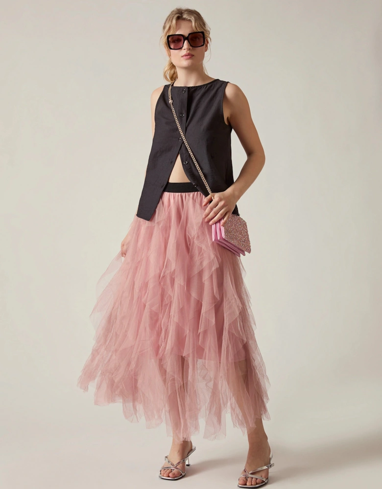 Pink Tulle Ruffle Midi Skirt