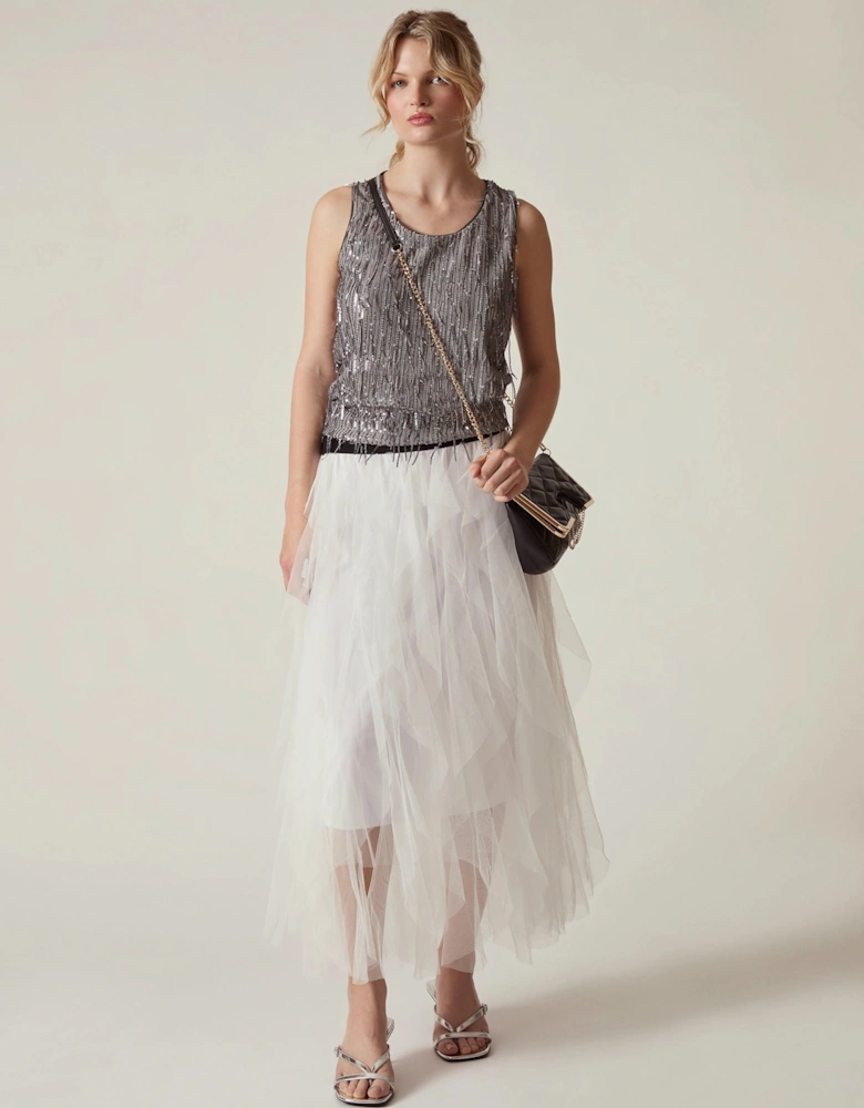 White Tulle Ruffle Midi Skirt