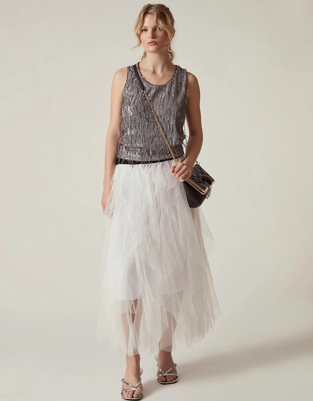 White Tulle Ruffle Midi Skirt