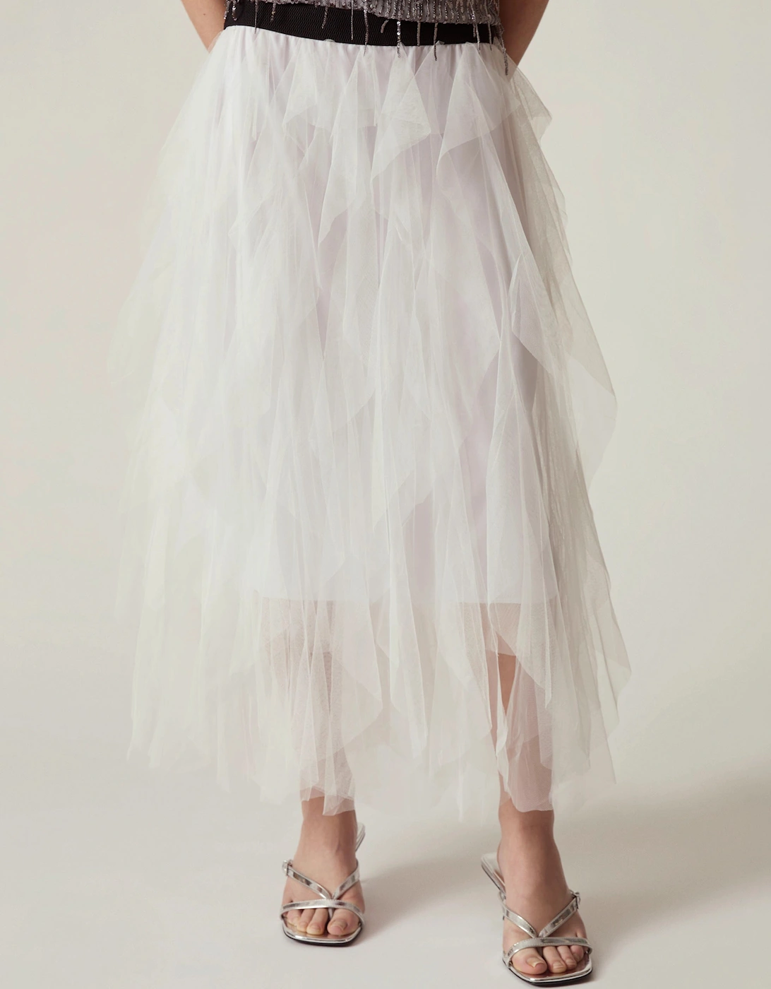 White Tulle Ruffle Midi Skirt