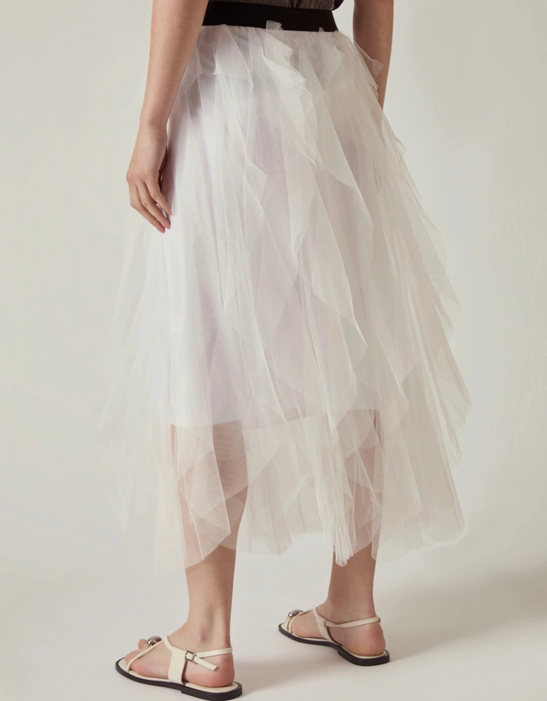 White Tulle Ruffle Midi Skirt
