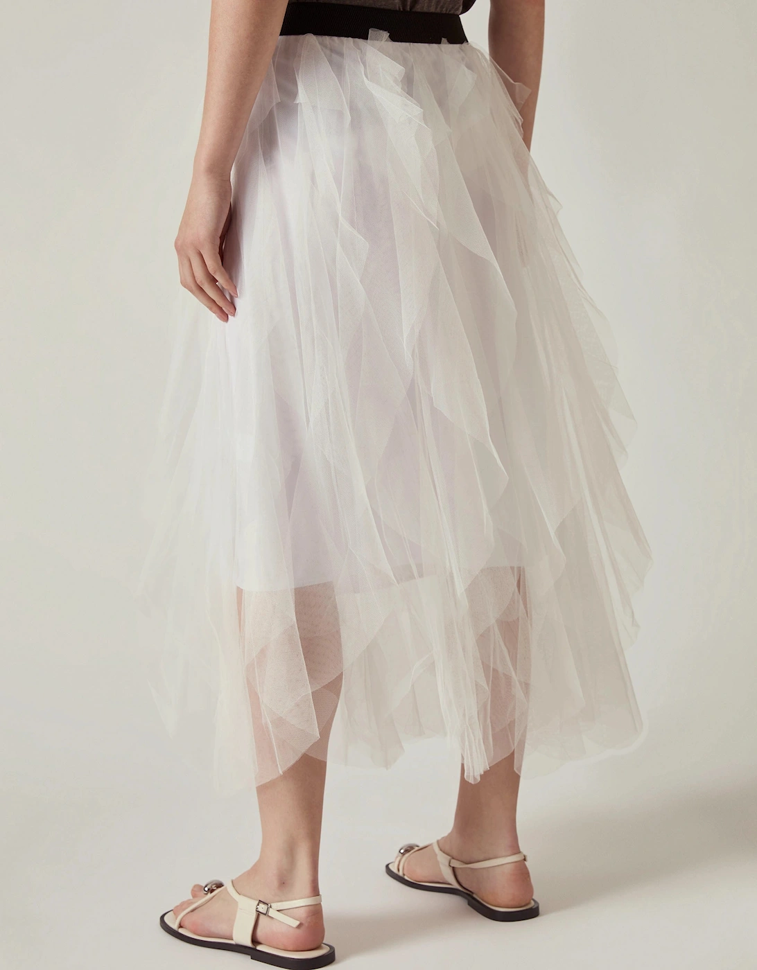 White Tulle Ruffle Midi Skirt