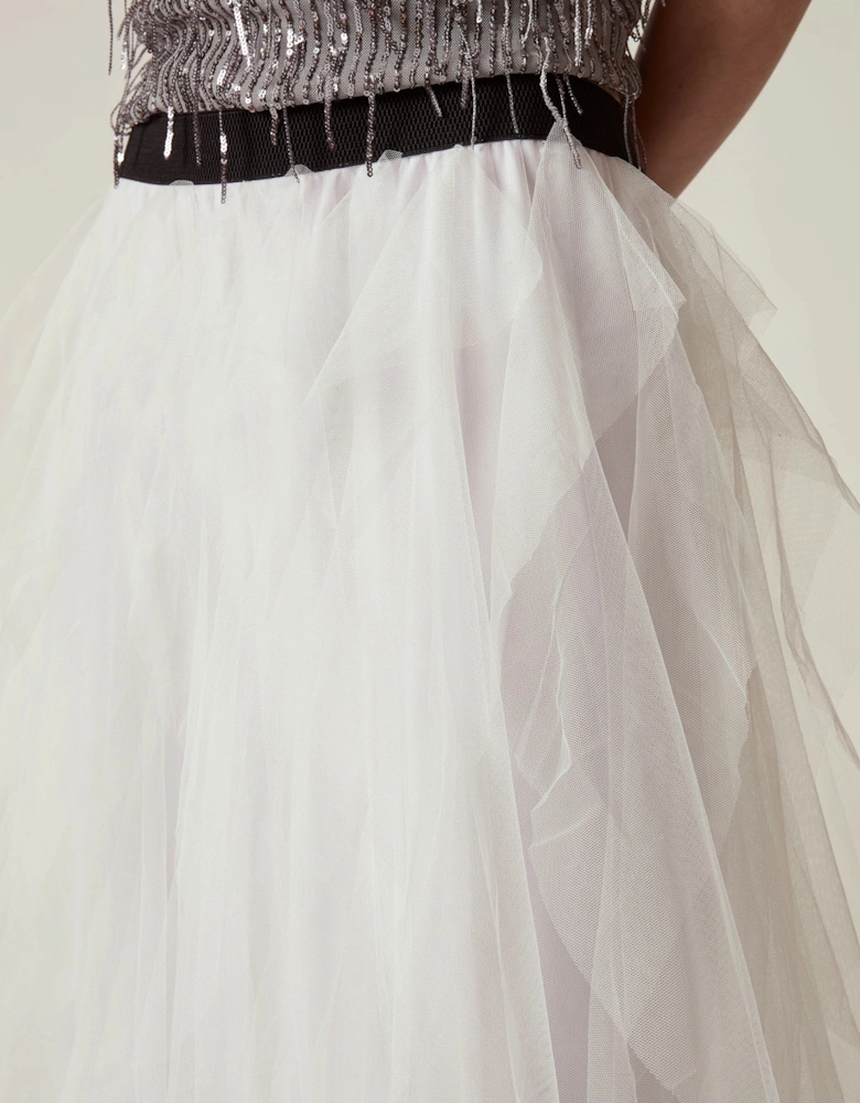 White Tulle Ruffle Midi Skirt