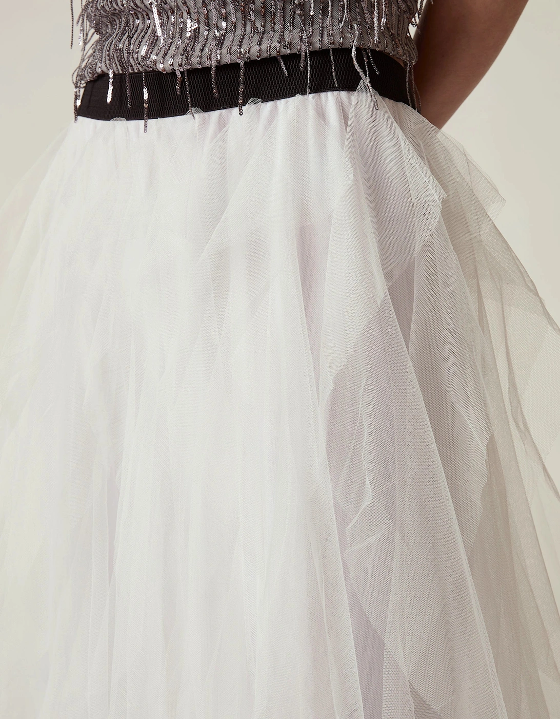 White Tulle Ruffle Midi Skirt