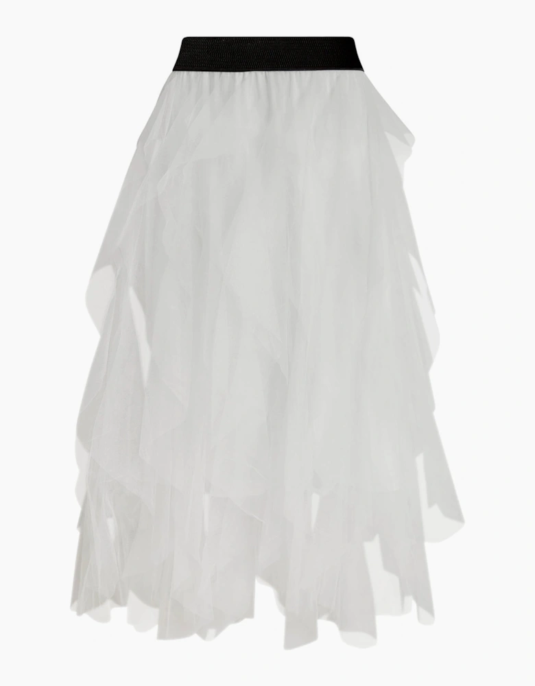 White Tulle Ruffle Midi Skirt