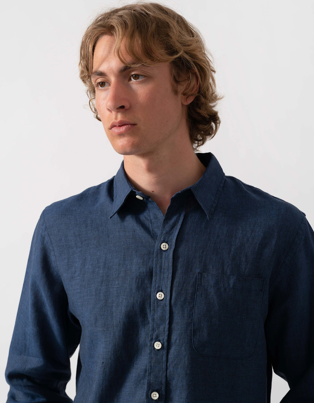 Colorful Standard Mens Long Sleeve Linen Shirt - Marine Blue