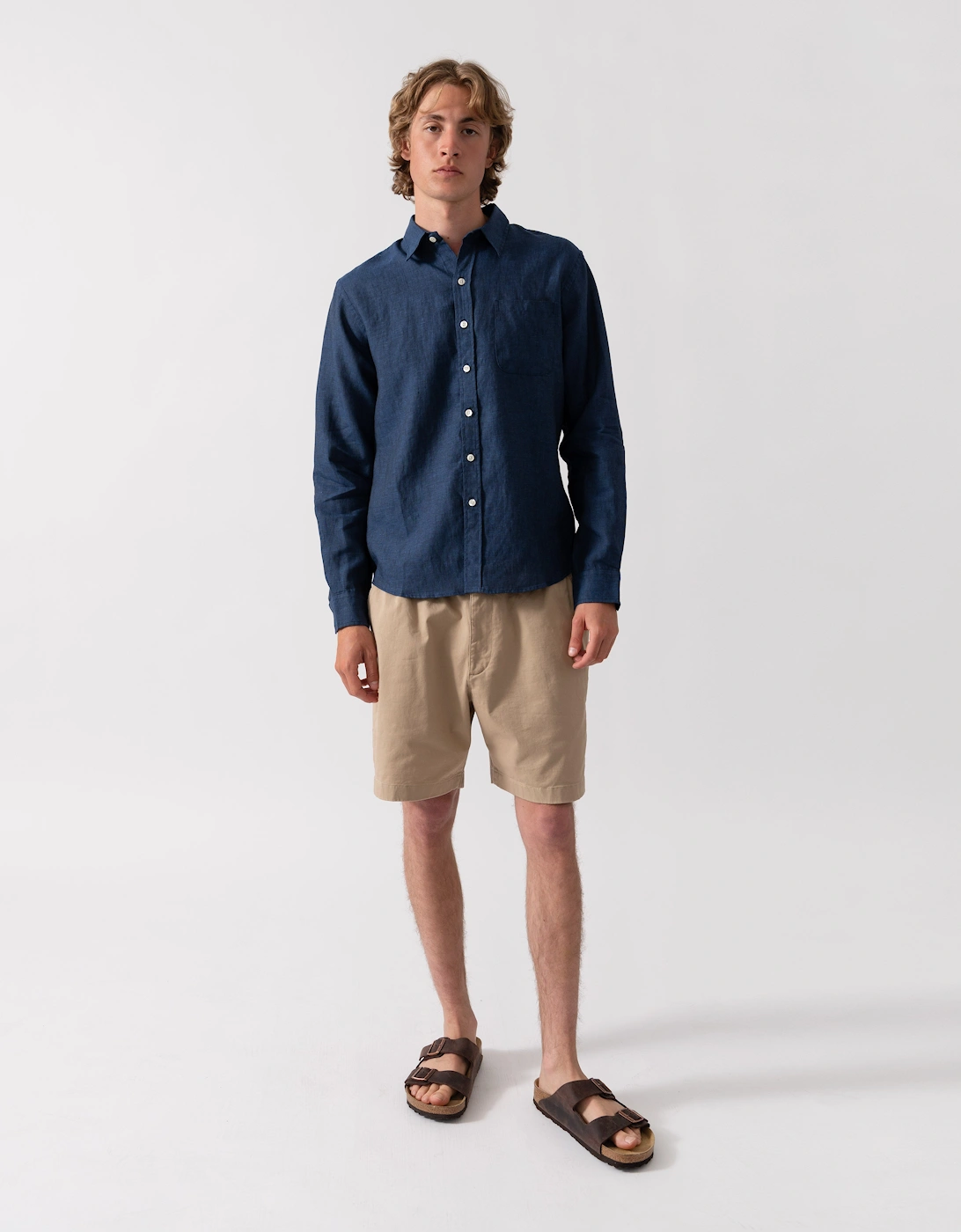 Colorful Standard Mens Long Sleeve Linen Shirt - Marine Blue