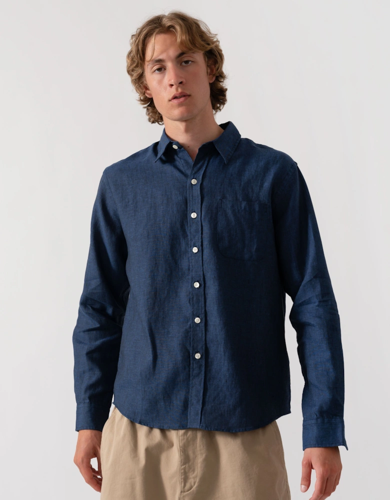 Colorful Standard Mens Long Sleeve Linen Shirt - Marine Blue