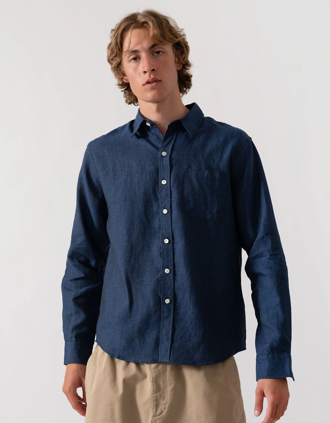 Colorful Standard Mens Long Sleeve Linen Shirt - Marine Blue, 6 of 5