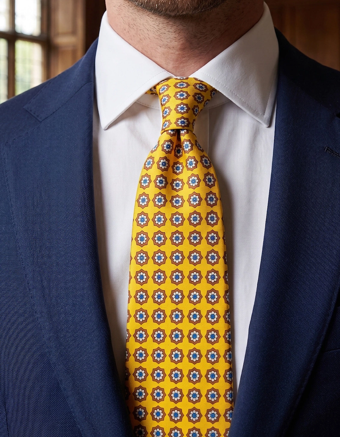 Yellow Floral Print Silk Tie