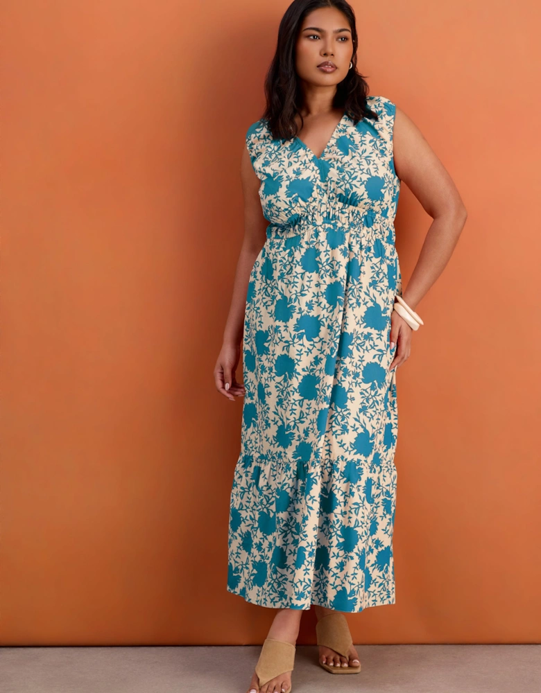 Blue Floral Print Cotton V Neck Ruched Maxi Dress
