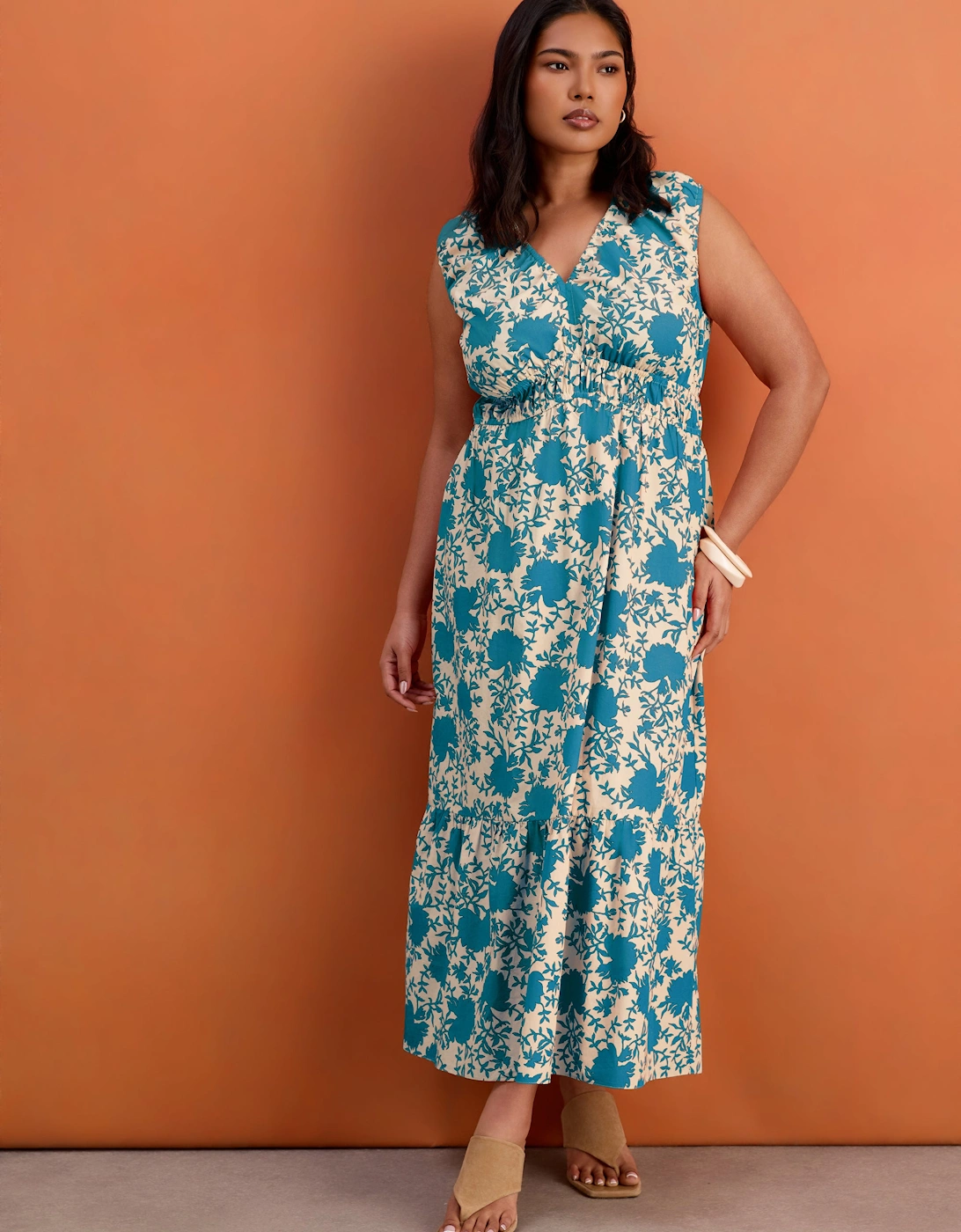 Blue Floral Print Cotton V Neck Ruched Maxi Dress
