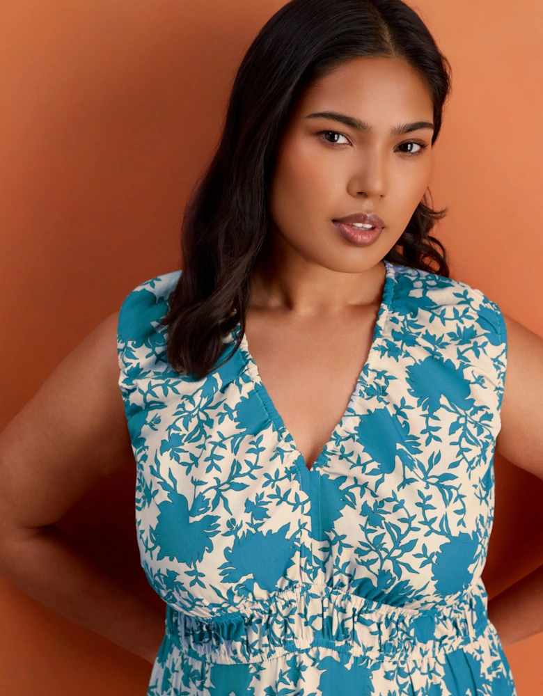 Blue Floral Print Cotton V Neck Ruched Maxi Dress