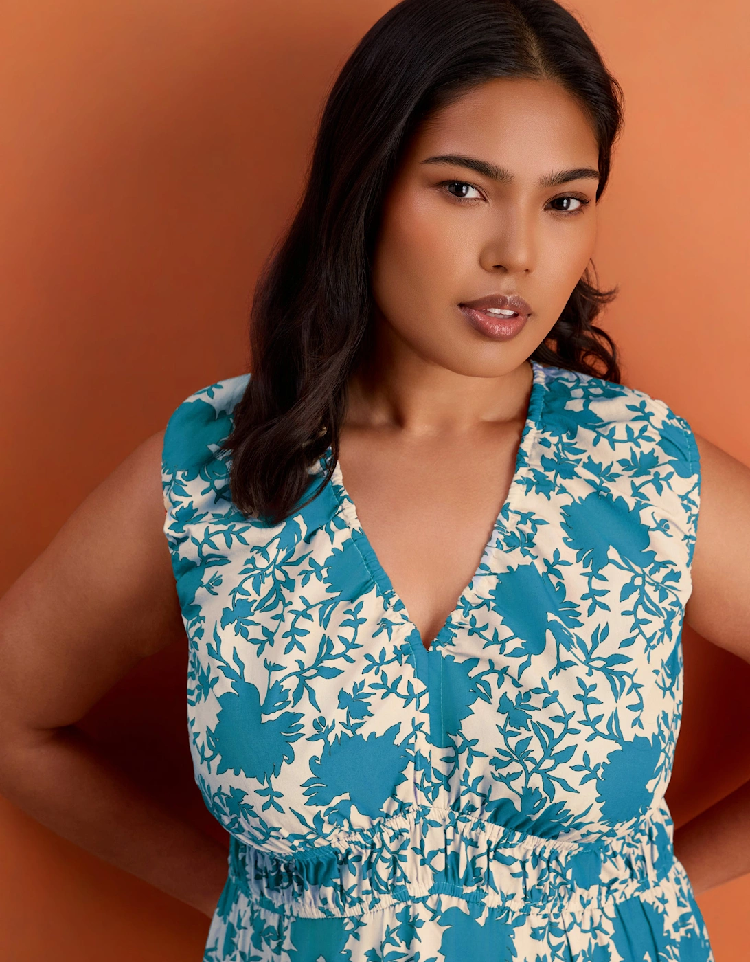 Blue Floral Print Cotton V Neck Ruched Maxi Dress