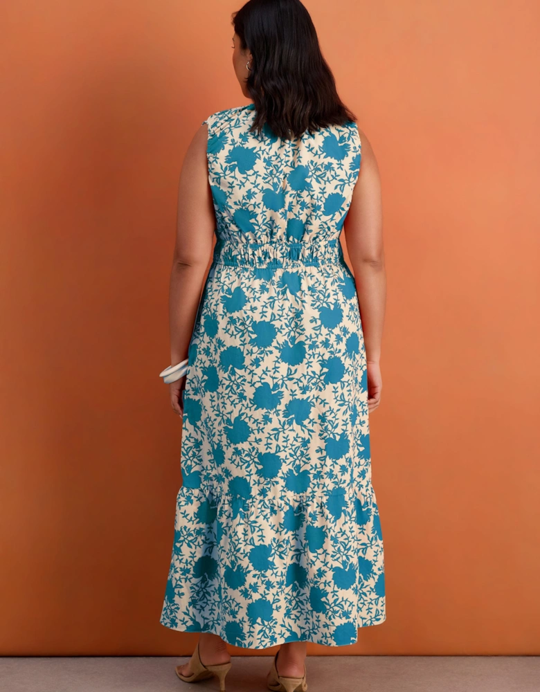 Blue Floral Print Cotton V Neck Ruched Maxi Dress
