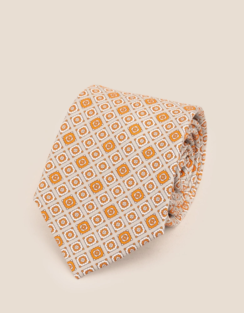Orange Motif Print Silk Tie