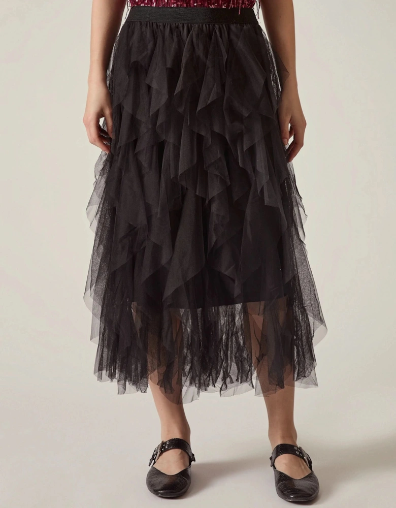 Black Tulle Ruffle Midi Skirt