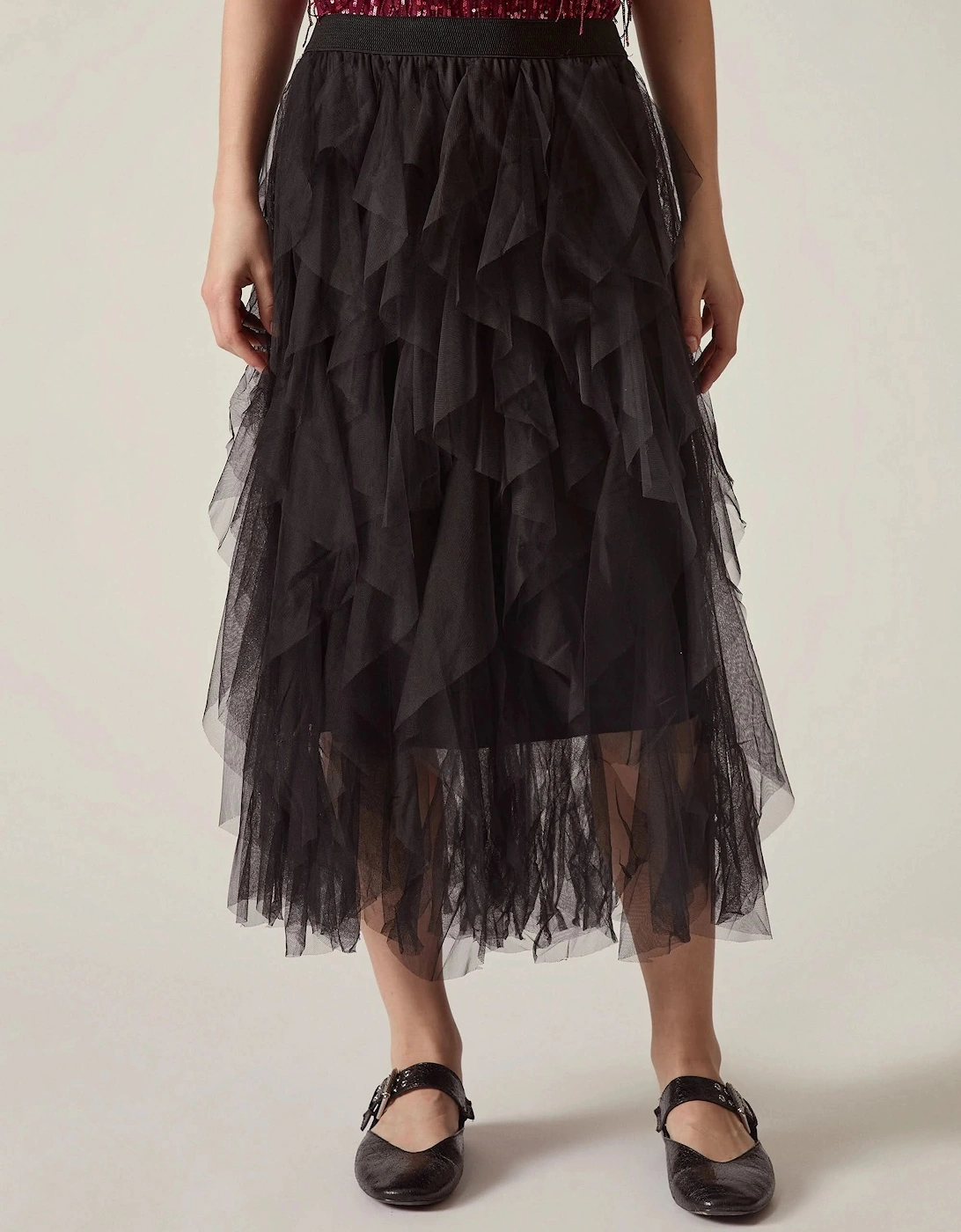 Black Tulle Ruffle Midi Skirt