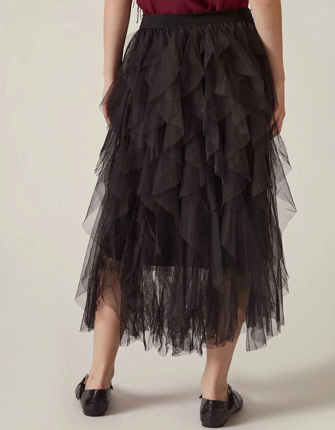 Black Tulle Ruffle Midi Skirt
