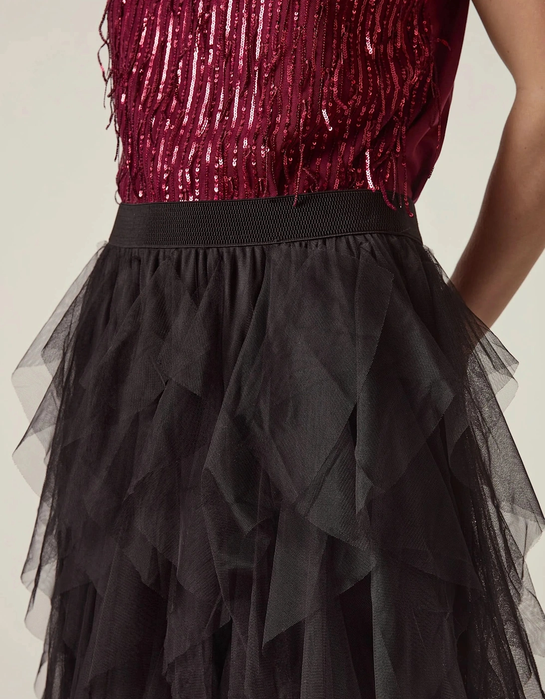Black Tulle Ruffle Midi Skirt