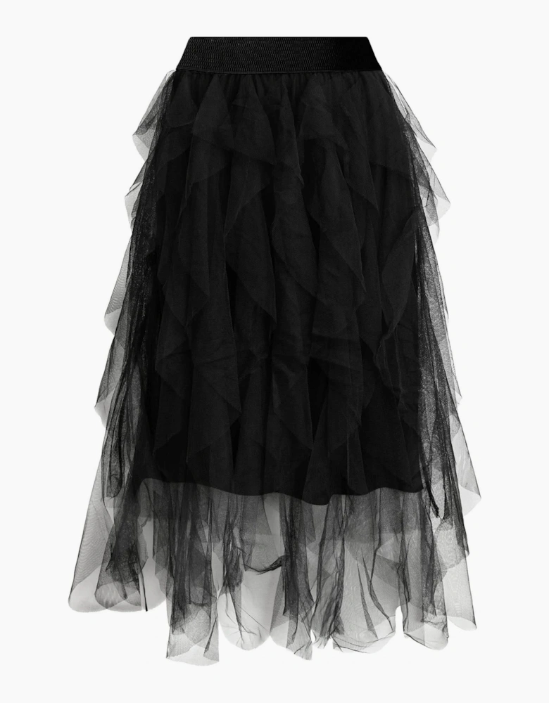 Black Tulle Ruffle Midi Skirt