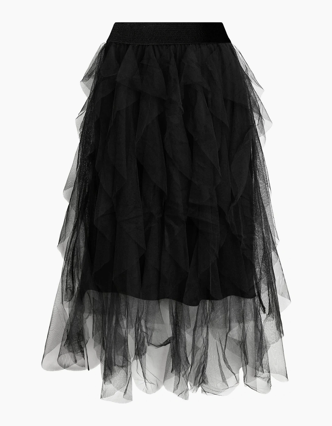 Black Tulle Ruffle Midi Skirt