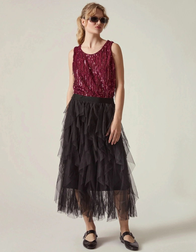 Black Tulle Ruffle Midi Skirt