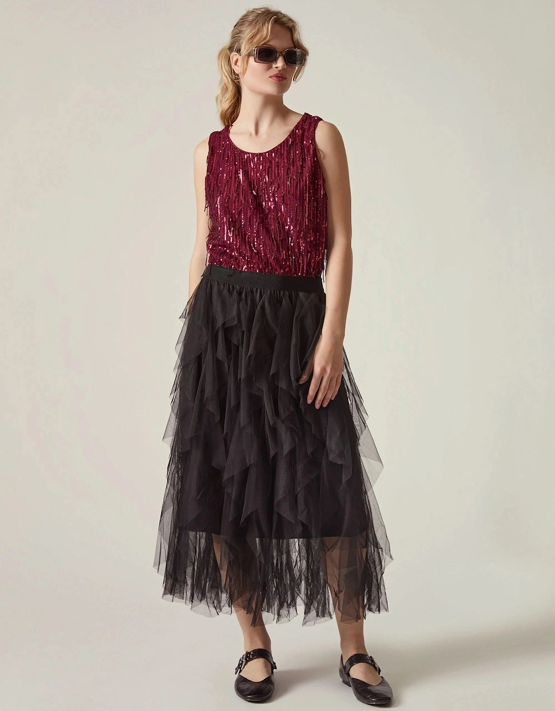 Black Tulle Ruffle Midi Skirt