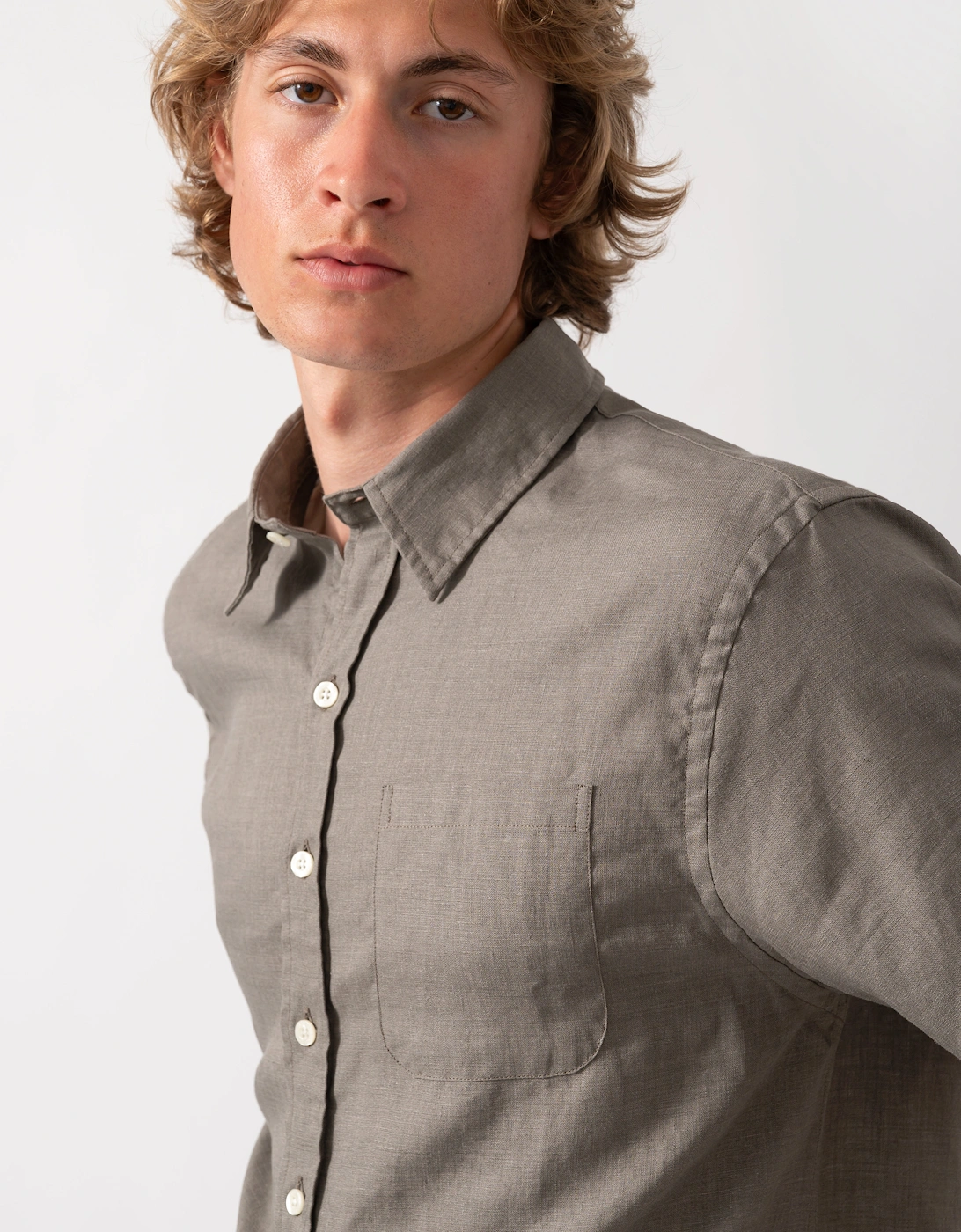 Colorful Standard Mens Short Sleeve Linen Shirt - Dusty Olive