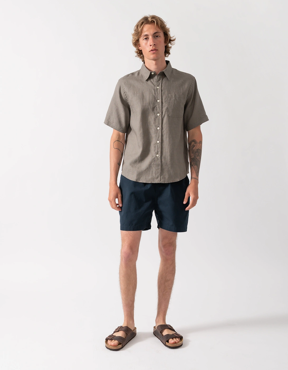 Colorful Standard Mens Short Sleeve Linen Shirt - Dusty Olive