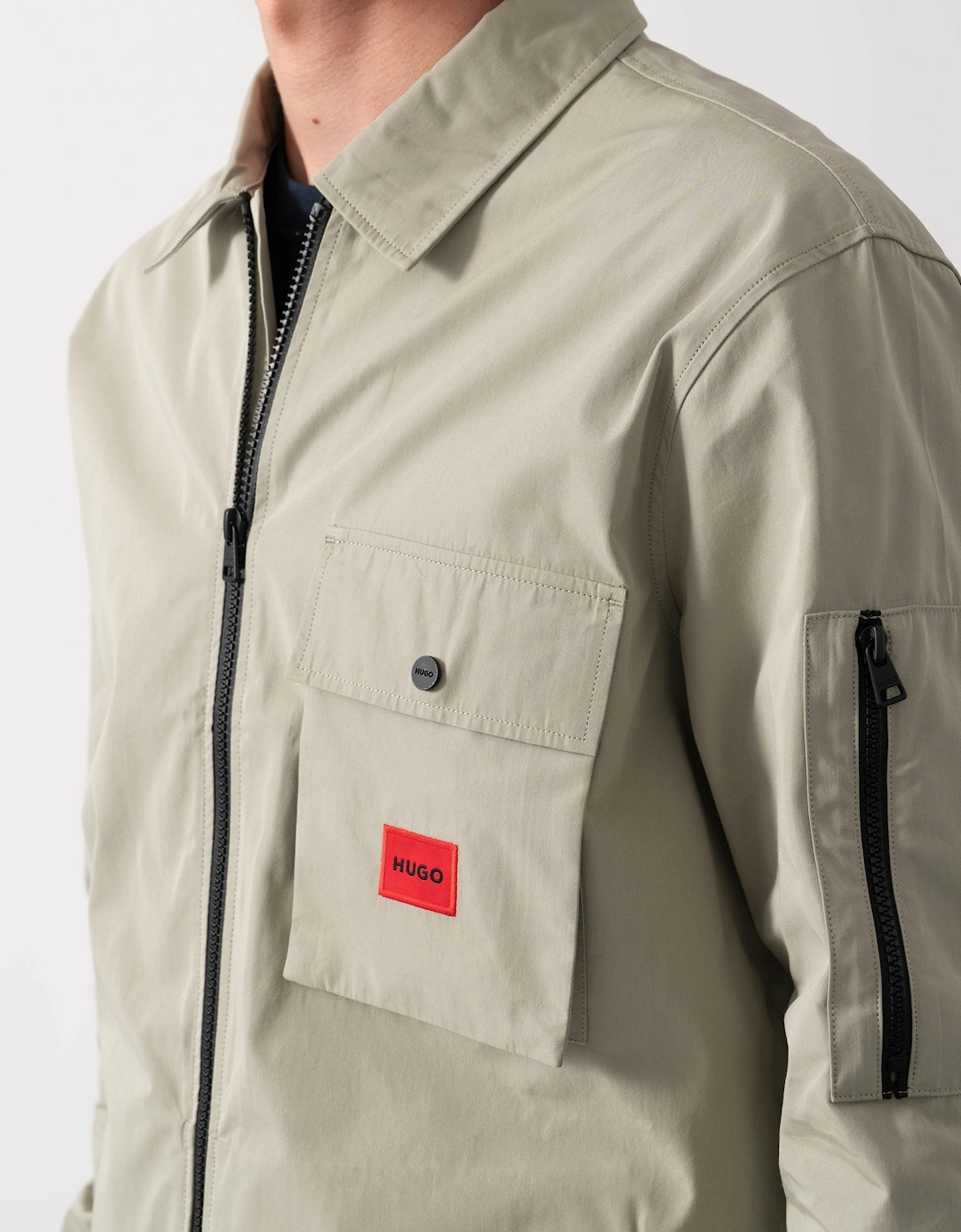 HUGO Emmond Mens Zip Overshirt with Red Logo Label - Light/Pastel Green 337