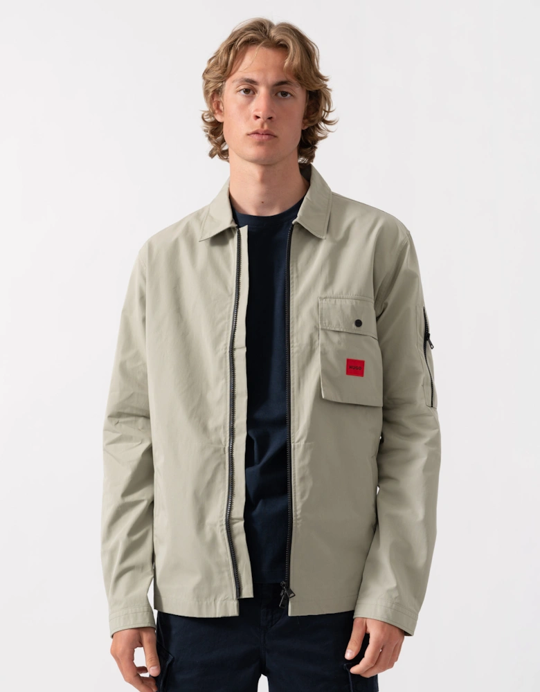 HUGO Emmond Mens Zip Overshirt with Red Logo Label - Light/Pastel Green 337