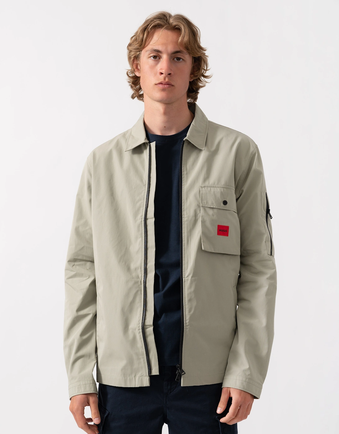 HUGO Emmond Mens Zip Overshirt with Red Logo Label - Light/Pastel Green 337, 5 of 4