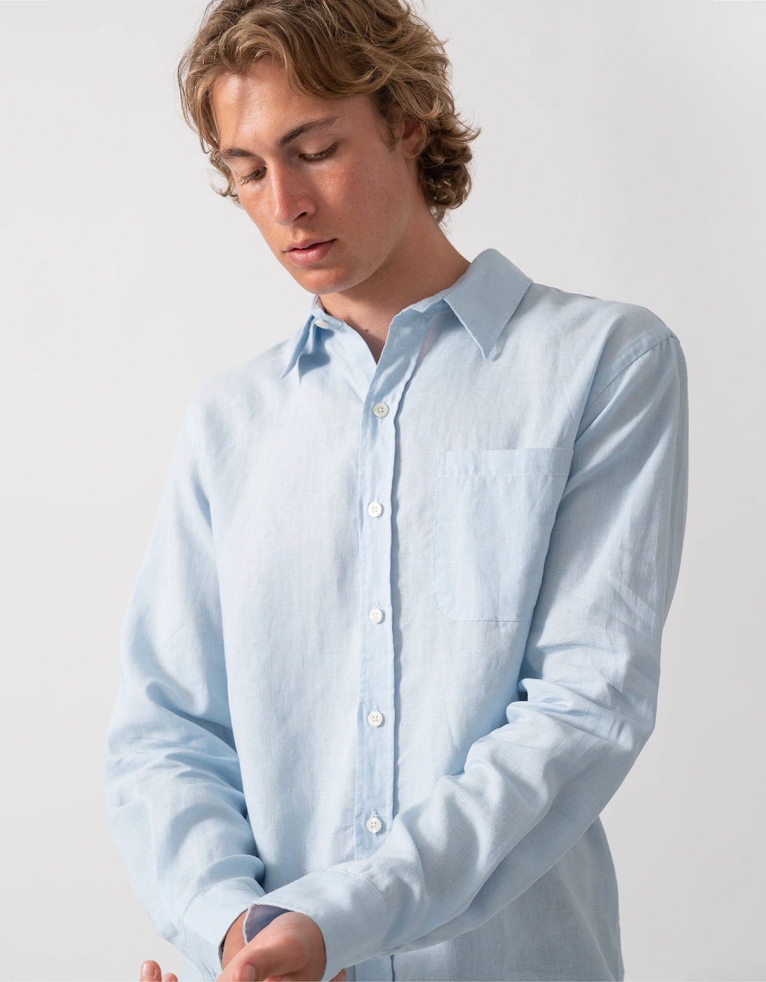 Colorful Standard Mens Long Sleeve Linen Shirt - Polar Blue
