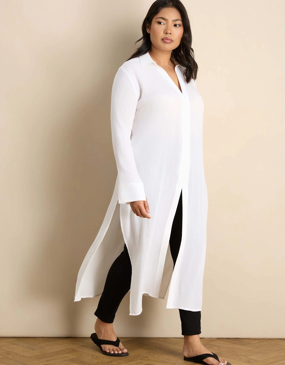 White Split Front Crinkle Tunic