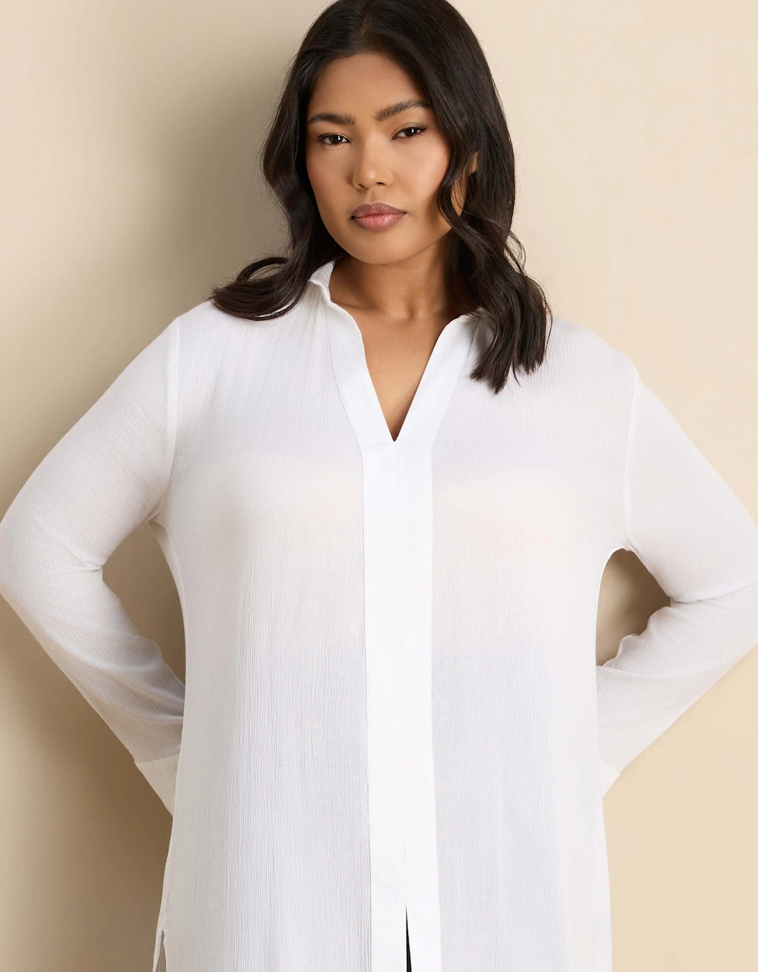 White Split Front Crinkle Tunic