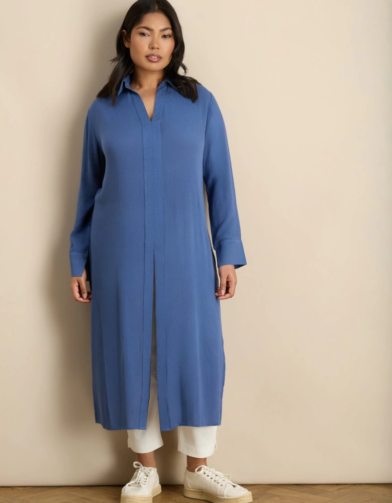 Blue Split Front Crinkle Tunic