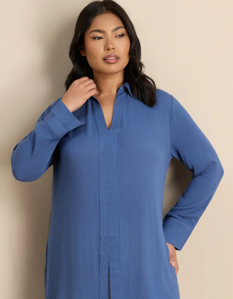 Blue Split Front Crinkle Tunic
