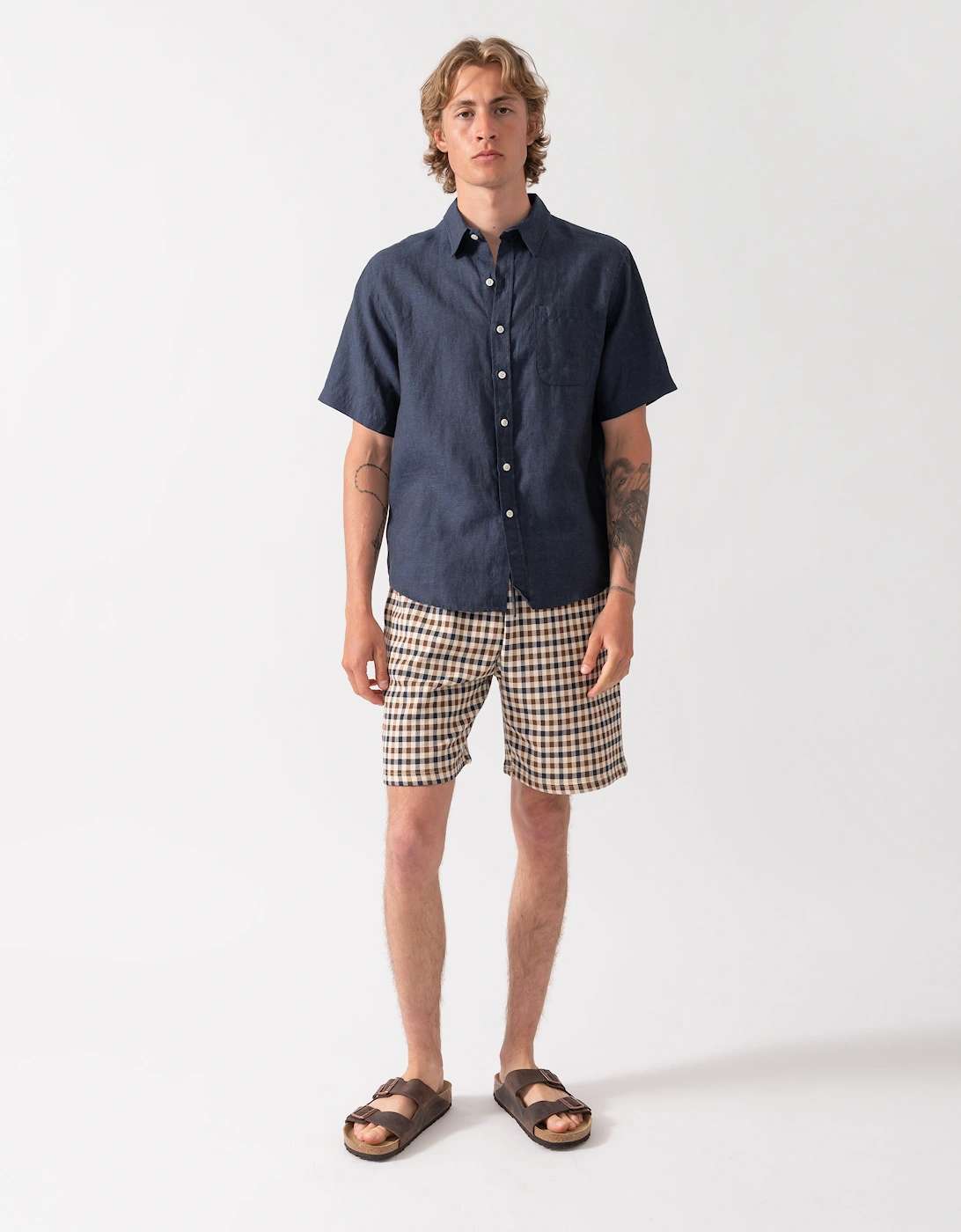 Colorful Standard Mens Short Sleeve Linen Shirt - Navy Blue